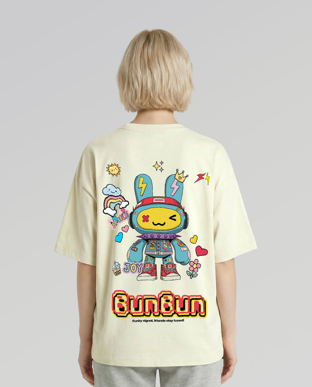 Bunbun character graphic t-shirt oversized streetwear Gabriel Emmanuele Australia back model view.