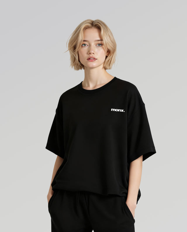 MonX character graphic t-shirt oversized streetwear Gabriel Emmanuele Australia front model view.