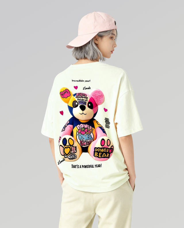 Power bear character graphic t-shirt oversized streetwear Gabriel Emmanuele Australia back model view.