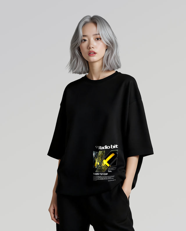 Radio bit character graphic t-shirt oversized streetwear Gabriel Emmanuele Australia front model view.