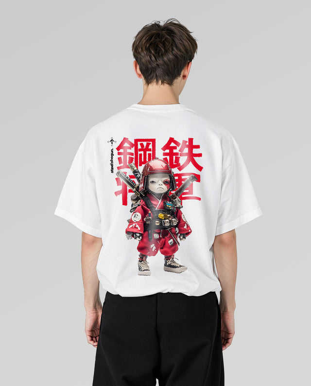 Steel Shogun character graphic t-shirt oversized streetwear Gabriel Emmanuele Australia back model view.