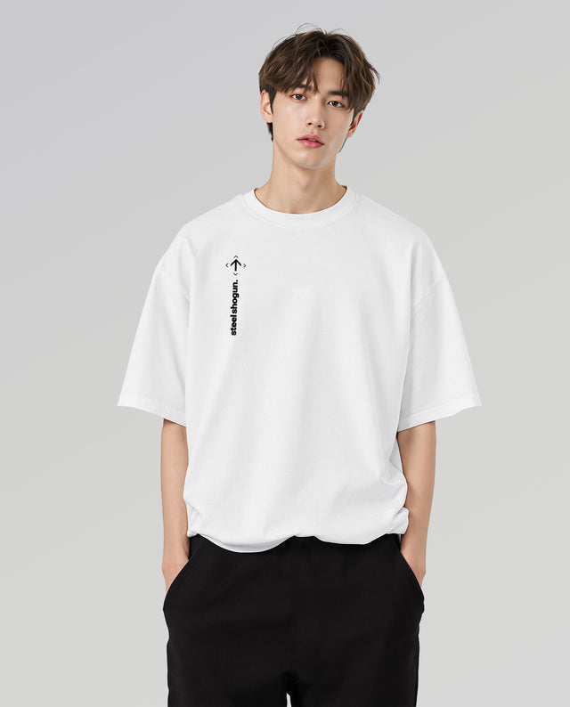 Steel Shogun character graphic t-shirt oversized streetwear Gabriel Emmanuele Australia front model view.