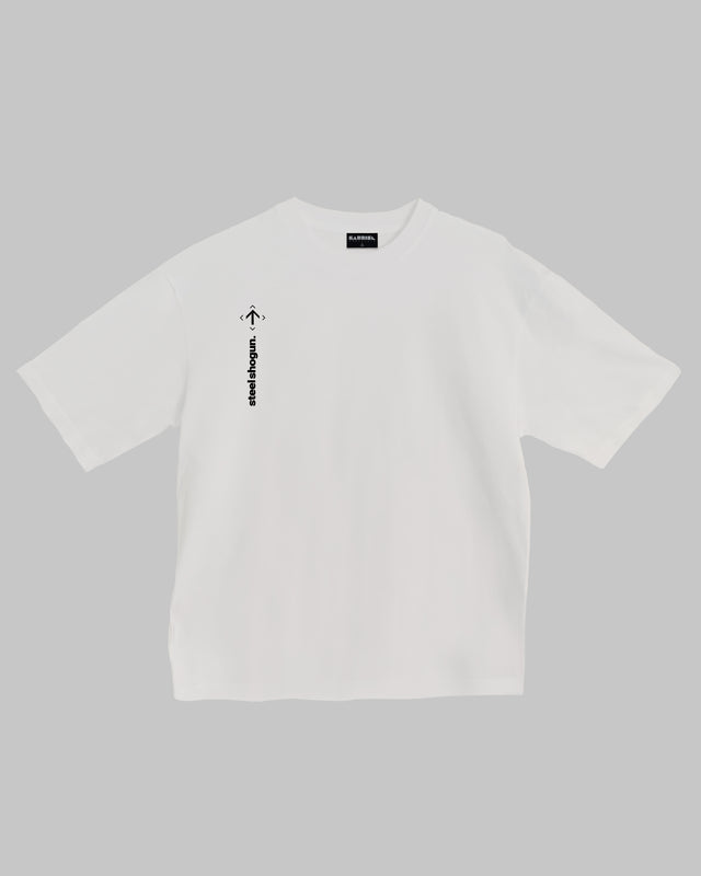 Steel Shogun character graphic t-shirt oversized streetwear Gabriel Emmanuele Australia front tshirt view.