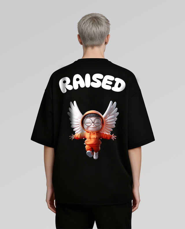 Raised character graphic t-shirt oversized streetwear Gabriel Emmanuele Australia back model view.